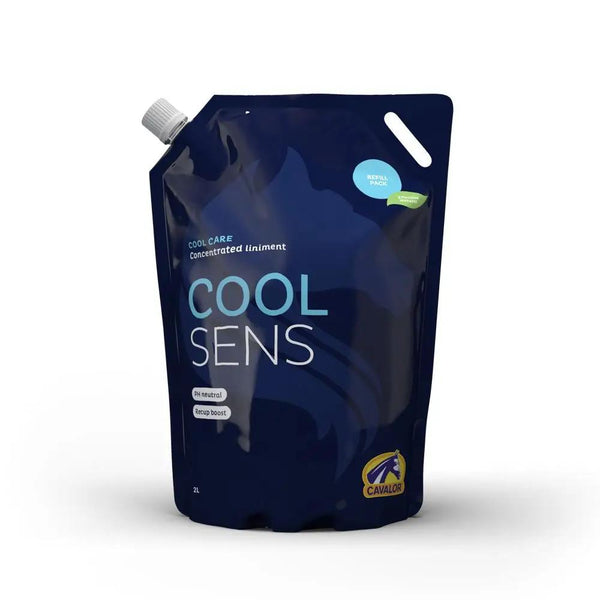 COOLSENS revitalizing ointment for horses in a 2L refill pouch, enriched with essential oils for muscle relief and post-workout recovery.