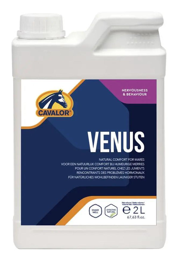 Cavalor Venus 2L herbal supplement for mares, supports hormonal balance and reduces nervous behavior during fertility cycles.