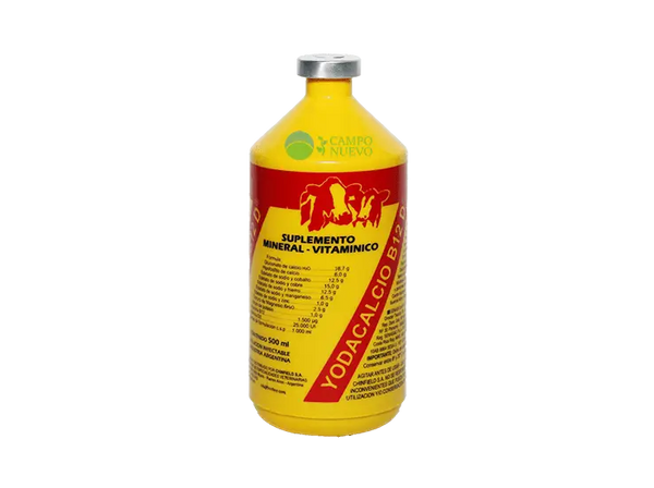 YODACALCIO B 12 D livestock mineral supplement bottle for camels, enriched with calcium, vitamin D2, and B12 to boost growth and recovery.