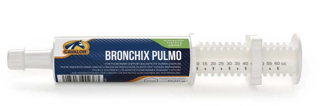 BRONCHIX PULMO equine respiratory supplement in 60cc syringe, enhances breathing and stamina for champion horses. Veterinarian-recommended formula.