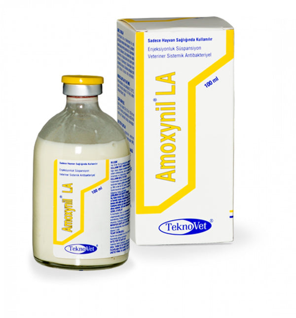 AMOXYNIL veterinary injection 100ml by TeknoVet for treating bacterial infections in horses, camels, dogs, and cats. Long-acting suspension formula.