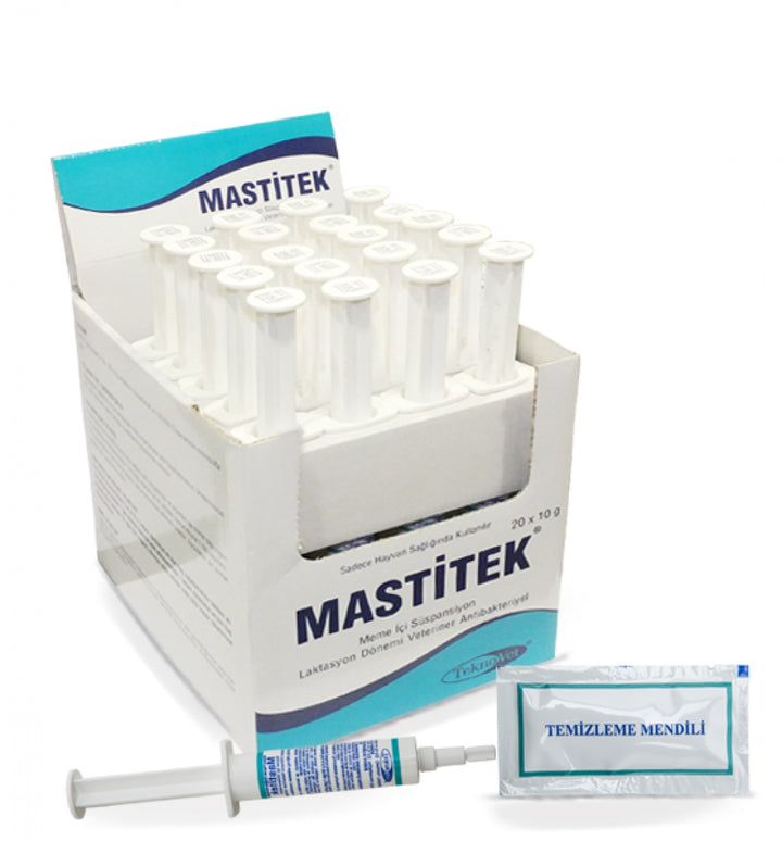 MASTITEK mastitis treatment syringes for horses, camels, and cows with cleansing wipe, ideal for udder infection care in animals.