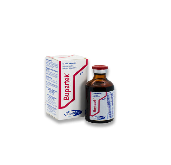 BUPARTEK injection for horses, camels, and cows, effective antiparasitic treatment for threadworm. Veterinary solution in 50 ml vial with box.