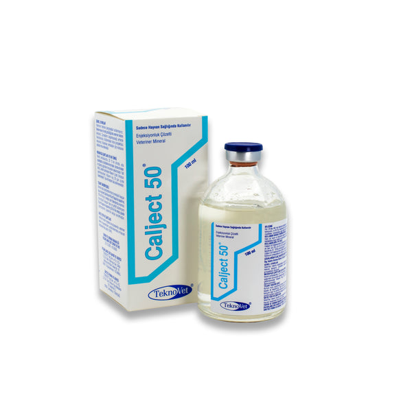 CALJECT 50 veterinary injection solution by TeknoVet for calcium, magnesium, and phosphorus deficiencies in cattle, horses, sheep, and goats.