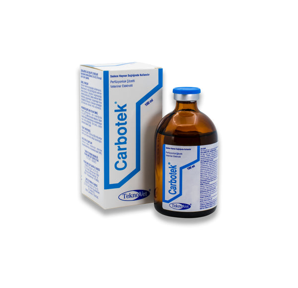 CARBOTEK veterinary prescription IV solution for treating metabolic acidosis in horses, cattle, sheep, goats, dogs, and cats. Teknovet branded bottle and box.