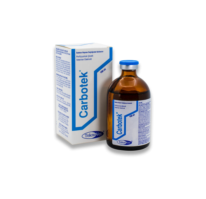 CARBOTEK veterinary prescription IV solution for treating metabolic acidosis in horses, cattle, sheep, goats, dogs, and cats. Teknovet branded bottle and box.