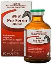 PRE-FERRIN INJECTION/Fast-acting iron supplement for camels and horses, 50mL bottle with box, supports iron deficiency recovery and performance.