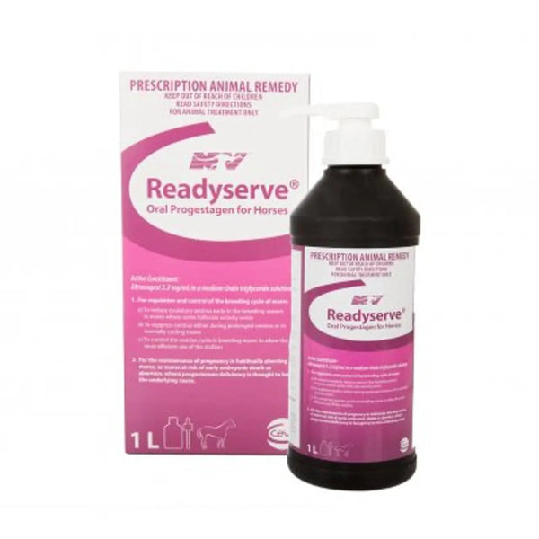 READYSERVE ORAL LIQUID/Advanced Mare & Camel Support supplement for horses and camels, 1L bottle with box packaging for reproductive health.