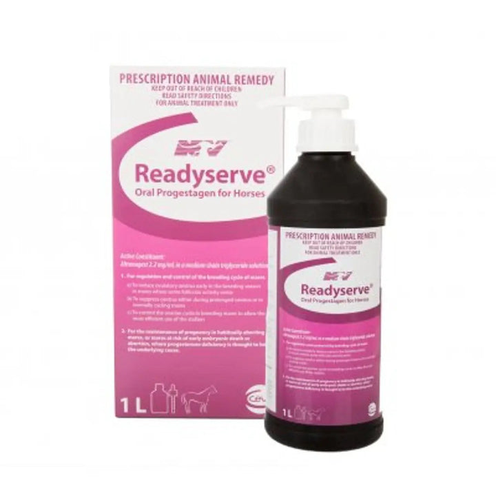 READYSERVE ORAL LIQUID/Advanced Mare & Camel Support supplement for horses and camels, 1L bottle with box packaging for reproductive health.