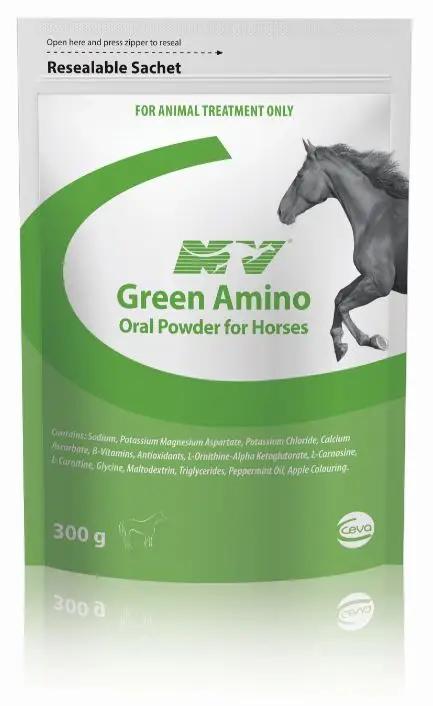 Green Amino Powder oral supplement for horses in a 300g resealable sachet, promoting confidence and calm for equine performance and recovery.