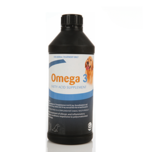 OMEGA 3 FATTY ACIDS liquid nutritional supplement for camels and racehorses in a black veterinary-use bottle with pet icons and dosage info.