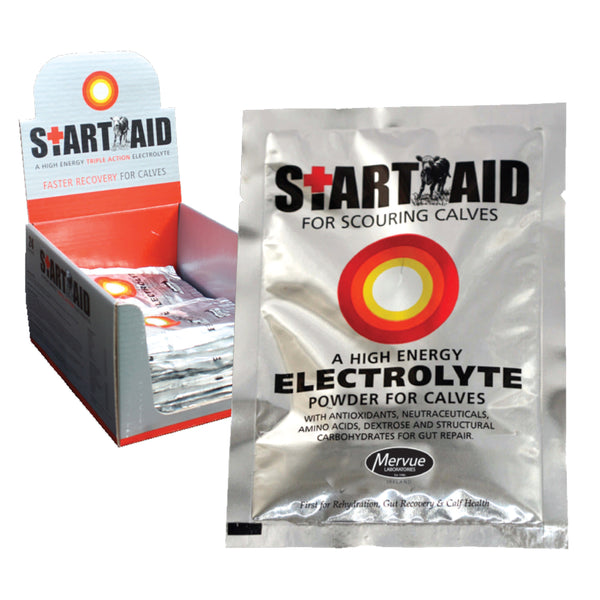 START AID SACHET for scouring calves with fast-absorbing electrolyte formula, ideal for calf recovery and hydration support.