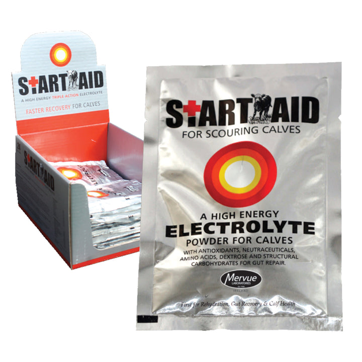 START AID SACHET for scouring calves with fast-absorbing electrolyte formula, ideal for calf recovery and hydration support.