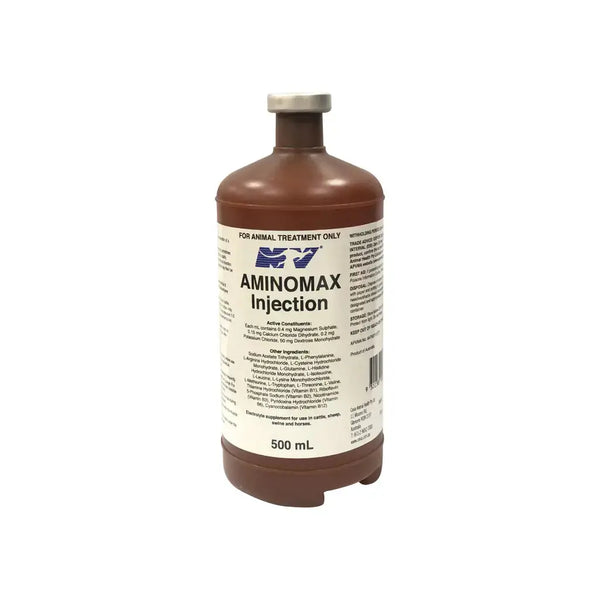 AMINO-MAX dietary supplement injection for camels and horses, 500mL bottle designed to boost energy and muscle performance in animals.