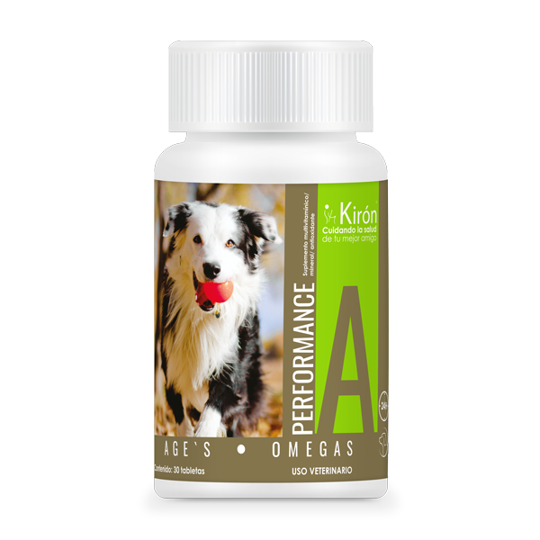 Performance Ages dog senior multivitamin supplement with Omega-3 for joint comfort, immune support, and healthy coat in aging dogs.