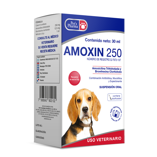 Amoxin 250 - Amoxicillin for Dogs and Cats oral suspension by Pet's Pharma for treating pet respiratory infections. Veterinary antibiotic with Bromhexine.