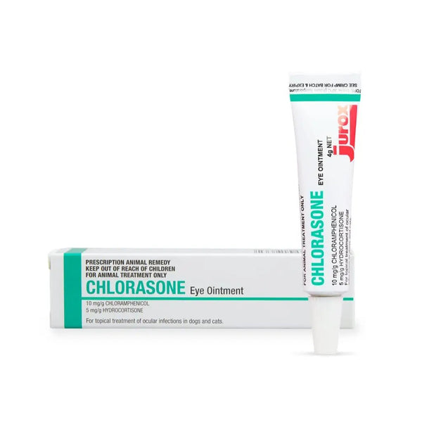 Chlorasone Eye Ointment for pets with chloramphenicol and hydrocortisone, treats bacterial eye infections in dogs and cats. 5g tube with box shown.