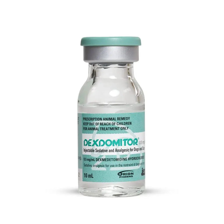 Dexdomitor pet supplement vial offering sedation and analgesia for animals, ideal for reducing anxiety in veterinary settings.