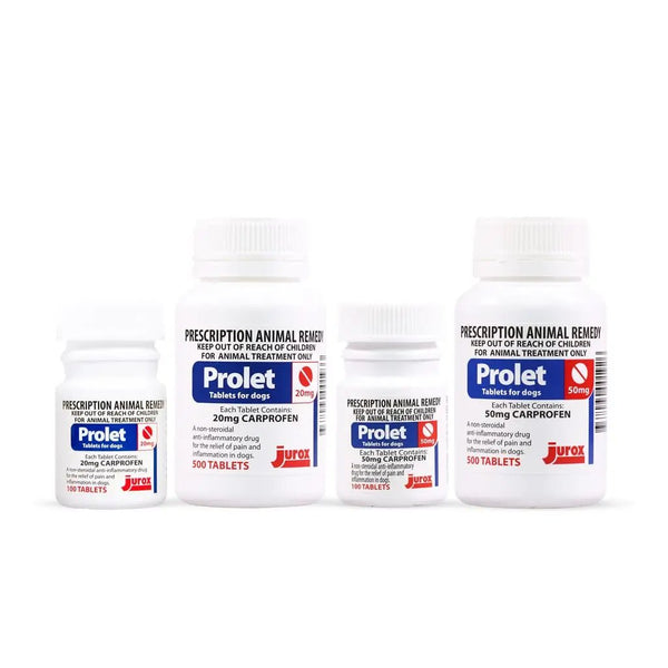 Prolet pet supplements for dogs featuring 20mg and 50mg Carprofen tablets in various bottle sizes. Ideal for pain relief and inflammation control.