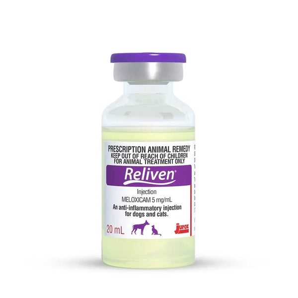 Reliven Meloxicam 5mg/mL injection for dogs and cats in a 20mL vial, used for pain and inflammation relief in pets.
