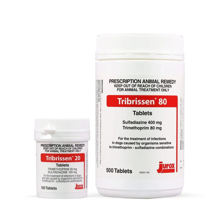 Dual-action Tribrissen pet supplements with sulfadiazine and trimethoprim, effective for urinary, skin, and respiratory infections in animals.