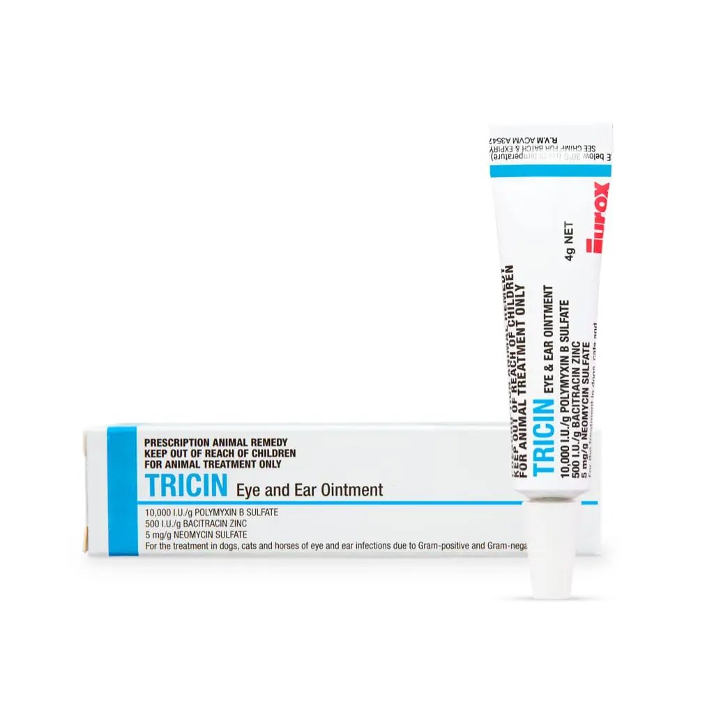 Tricin Fast Relief Eye & Ear Ointment for pets with triple antibiotic formula, ideal for treating infections in dogs, cats, and horses.