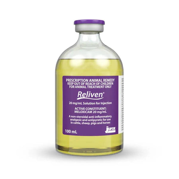 Reliven 20 Mg Meloxicam 20mg solution for injection in 100mL bottle for pain relief and inflammation in cattle, sheep, pigs, and horses.