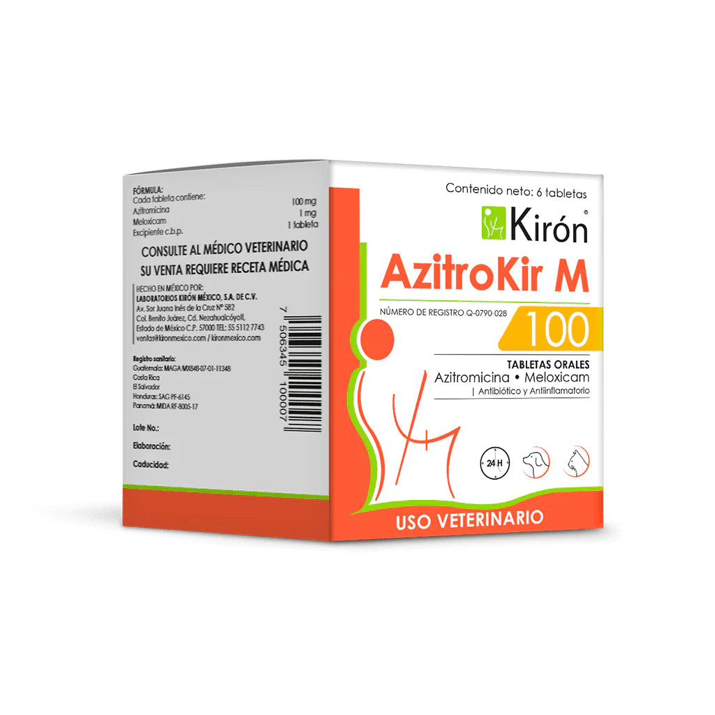 Azitrokir M 100 pet supplement box for dogs and cats, treats bacterial infections with azithromycin and meloxicam, 6 oral tablets.