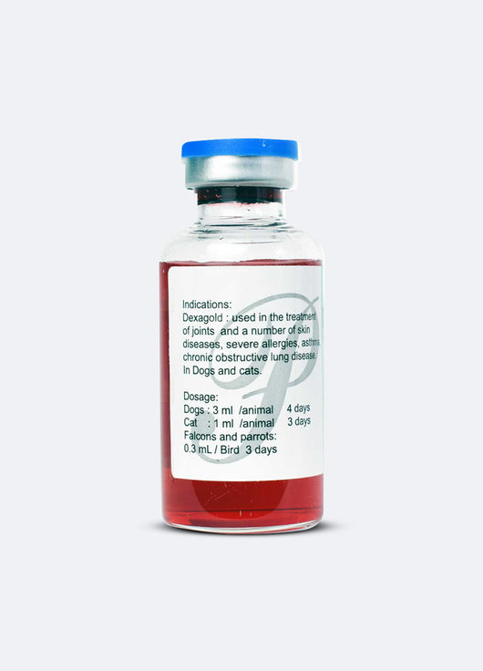 Back label of DEXAGOLD showing dosage instructions for dogs, cats, falcons, and parrots. Used for joint, skin, and respiratory conditions.
