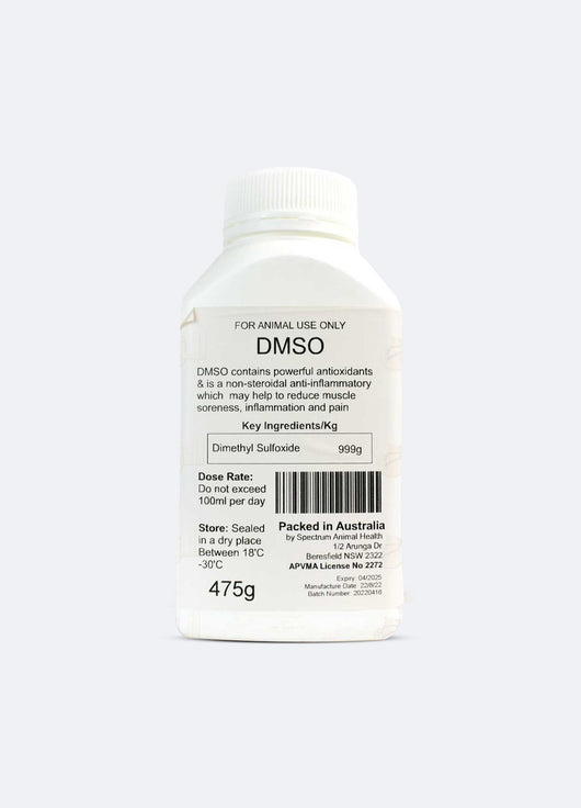 Back label of Dmso Liquid 475g showing dosage, ingredients, and usage instructions for animal health, especially horses and camels.