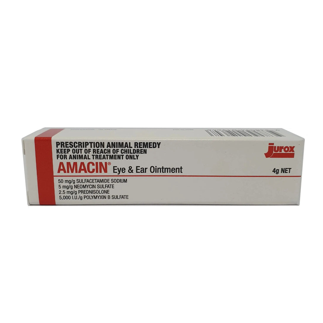 Amacin eye and ear ointment 4g box for animals, prescription remedy for bacterial and inflammatory infections in pets.