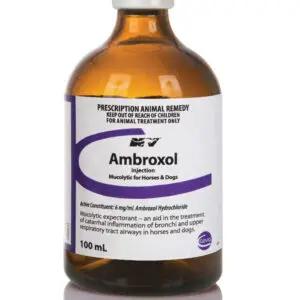 Ambroxol Injection for horses and dogs, supports respiratory health and treats bronchial inflammation. Veterinary supplement for improved breathing.