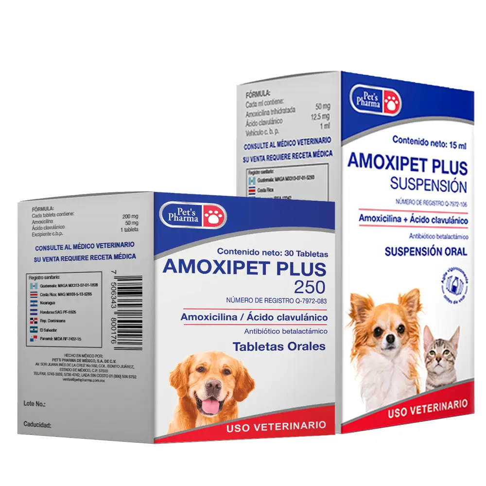 Amoxipet Plus pet antibiotics in tablet and suspension forms for treating infections in dogs and cats. Fast-acting veterinary medication.