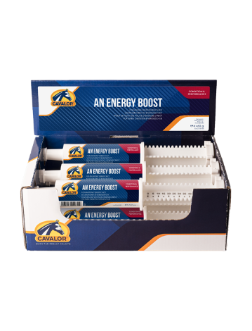 Cavalor An Energy Boost paste syringes in retail box, designed to enhance equine stamina and performance during intense activity.