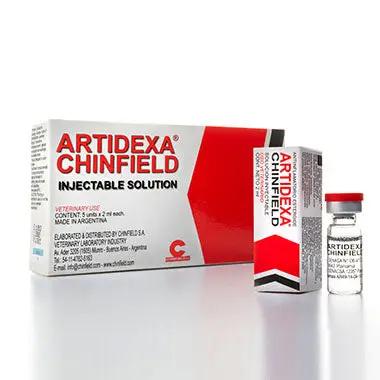 ARTIDEXA - Anti-Inflammatory Injection for Horses shown in 5ml vial with box packaging. Ideal for reducing joint pain and inflammation in sport horses.