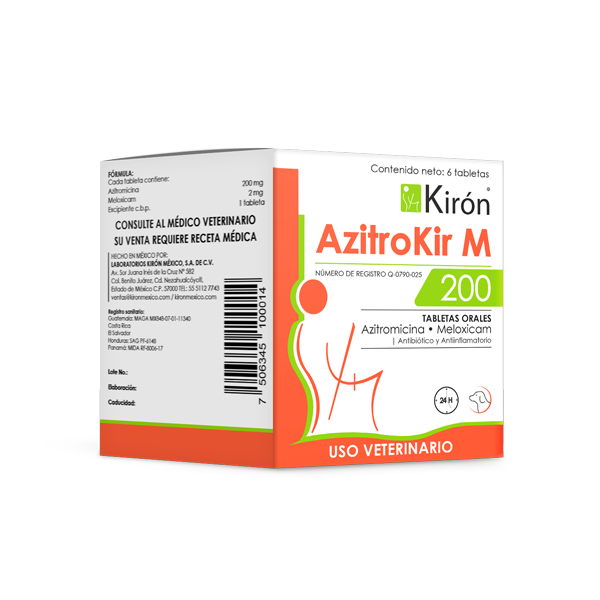 Azitrokir M 200 pet supplement box with Azithromycin 200mg and Meloxicam 2mg for canine respiratory and skin infections. Vet-prescribed treatment.