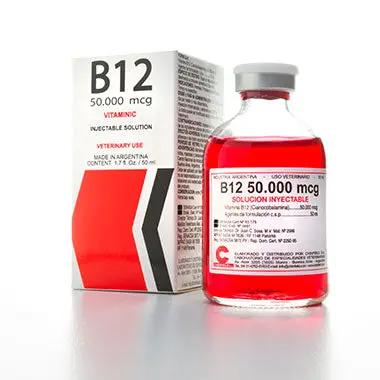 B12 50,000 - Vitamin B12 Supplement for Animals in injectable form, shown with box and vial. Supports energy, recovery, and nerve health in camels.