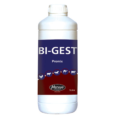 BI GEST 1L animal supplement premix, complete formula with saffron for enhancing pet wellness and recovery in livestock and poultry.