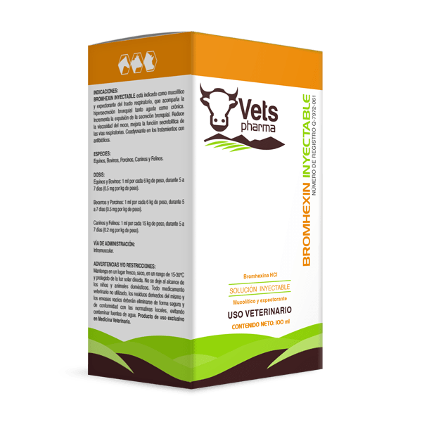 Bromhexin - Bromhexine Injectables for animals by Vets Pharma, 100 ml veterinary solution for mucus clearance in horses, dogs, cats, and cattle.