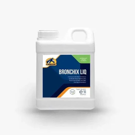 Cavalor Bronchix Liquid 1L bottle for equine respiratory support, formulated to relieve airway irritation and promote easier breathing.
