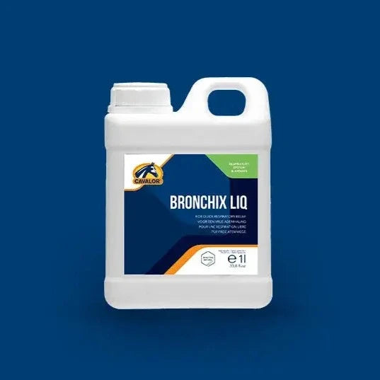 Veterinarian-recommended Cavalor Bronchix Liquid in 1L container, ideal for horses needing fast-acting respiratory relief and lung support.