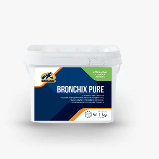 BRONCHIX PURE natural supplement for horses in a 1kg container, supports respiratory system and airways health in equine care.