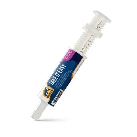 TAKE IT EASY oral paste syringe for calming horses and enhancing focus during stress. Vet-developed supplement for animal nerve recovery support.