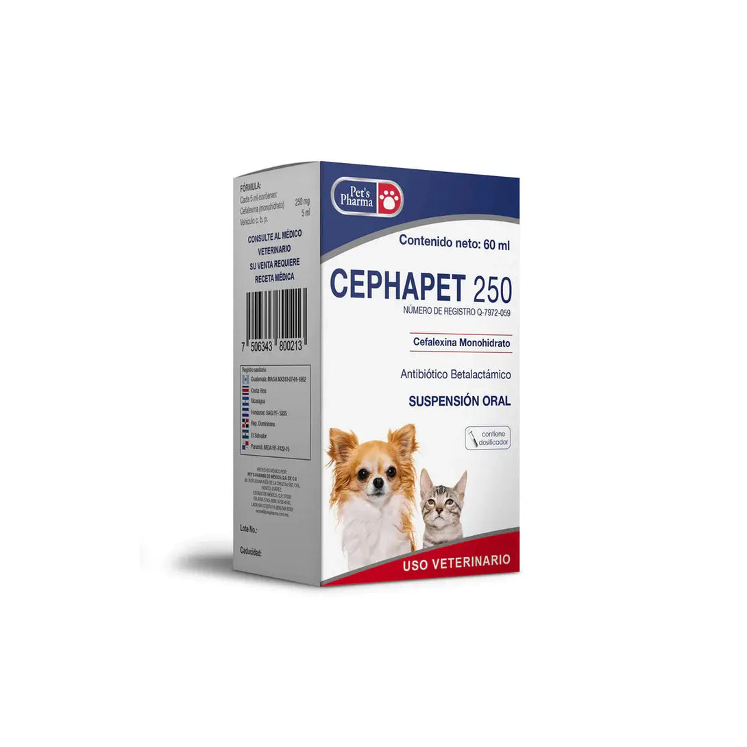 Cephapet 250 pet antibiotic by Pet’s Pharma, 60ml suspension with cefalexin monohydrate. Effective for treating bacterial infections in cats and dogs.