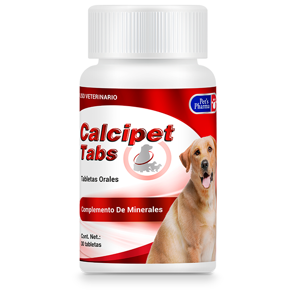 Pet's Pharma Calcipet Tabs oral tablets for dogs and cats, featuring essential minerals like calcium and vitamin D3 for bone growth and strength.