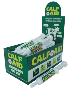 CALF AID micronutrient oral paste display box with multiple syringes for newborn calf health and recovery support.