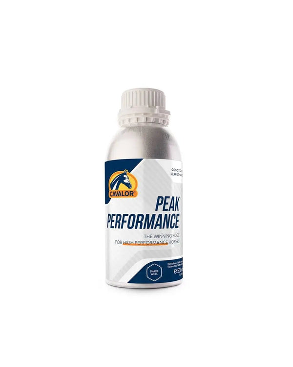 Cavalor Peak Performance supplement for horses, featuring herbs and essential oils to boost energy and muscle for athletic performance.