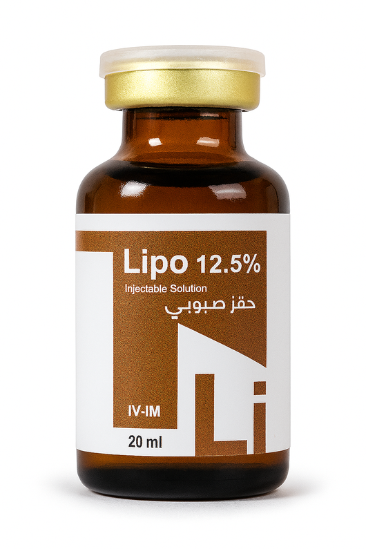 LIPO 12.5% 20ML injectable supplement for camels and horses, used for boosting energy and vitality in animals. Ideal for veterinary and equine care.