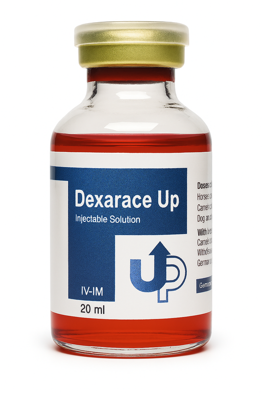 DEXARACE UP injectable solution 20ml for camels and horses, used for muscle fatigue and pain relief. Veterinary supplement with saffron extract.