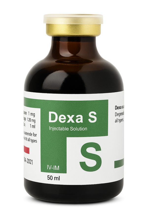 DEXA S injectable solution 50ml for camels, horses, and livestock pain relief and muscle fatigue treatment. Veterinary supplement for animal care.